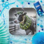 リース付きクリスマスホルスタイン白熱［赤熱］光を放つ牛 ペーパープレート (パーティー)