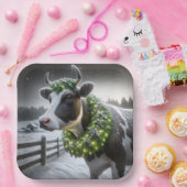 リース付きクリスマスホルスタイン白熱［赤熱］光を放つ牛 ペーパープレート (パーティー)