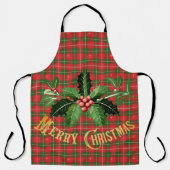 リース付きクリスマスレッドグリーンプレイド エプロン (正面)
