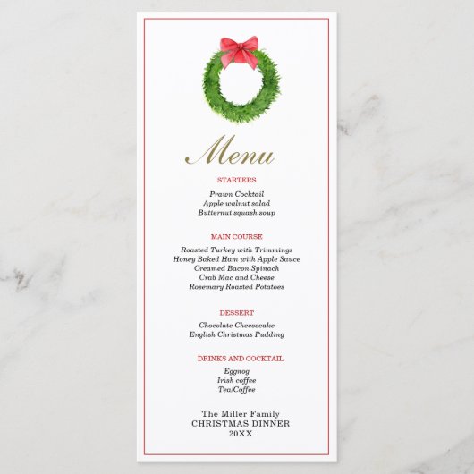 リース付きボウクリスマスディナーメニュー メニュー (正面)