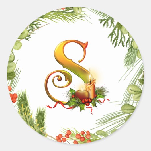 リース付きモノグラメドのクリスマスシール ラウンドシール (正面)
