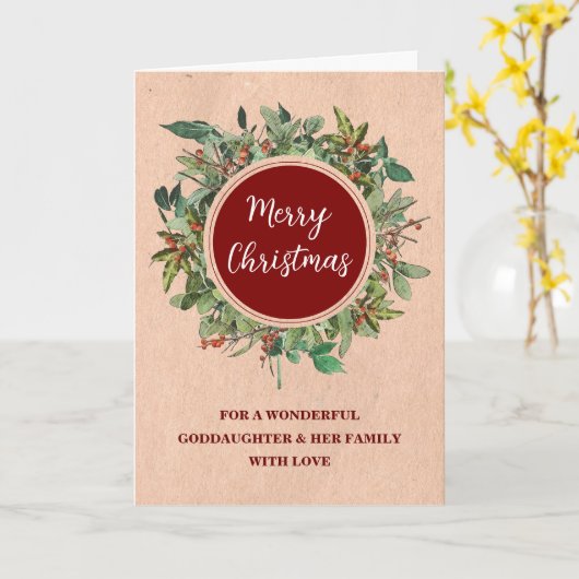 リース素朴のゴド娘と家族メリークリスマス カード (黄色い花)