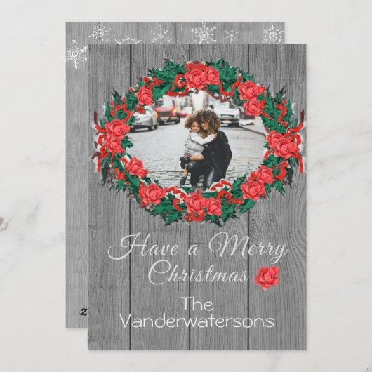リース素朴ファミリーフォトグレーウッドバラ シーズンカード (正面/裏面)