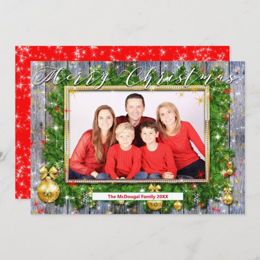 リース素朴ファミリー写真メリークリスマスメリークリスマス シーズンカード (正面/裏面)