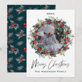 リース素朴フローラベリーフォトメリークリスマス シーズンカード (正面/裏面)