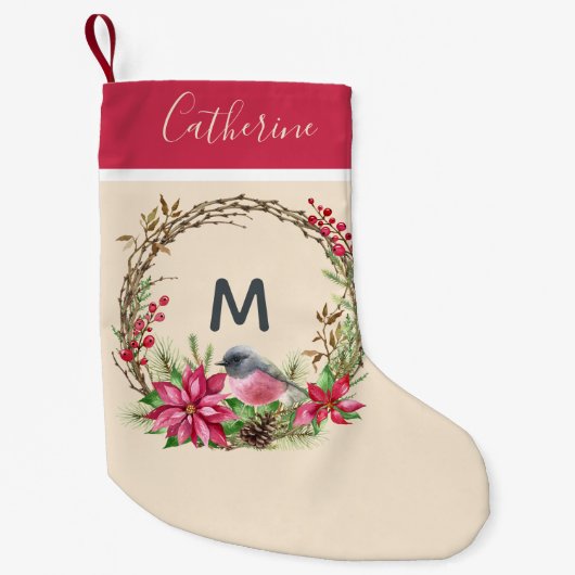 リース素朴ポインセッタバードベリーズモノグラム スモールクリスマスストッキング (正面)