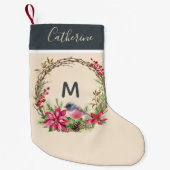 リース素朴ポインセッタバードベリーズモノグラム スモールクリスマスストッキング (正面)