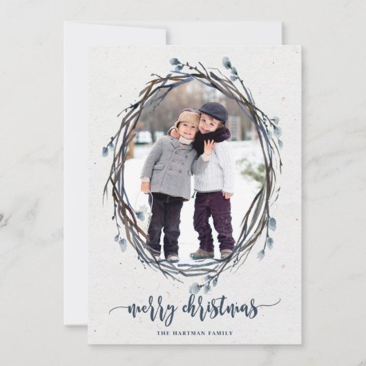 リース素朴メリークリスマス写真海軍 シーズンカード (正面)