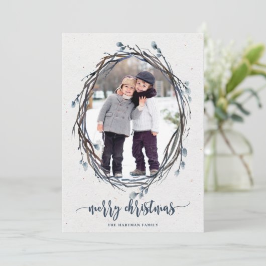 リース素朴メリークリスマス写真海軍 シーズンカード (スタンド正面)