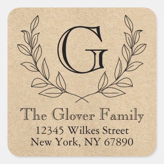 リース素朴モノグラムクラフト紙スタイルアドレス スクエアシール (正面)