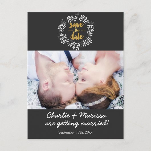 リース素朴リーフ日付フォトポストカードの保存 案内ポストカード (正面)