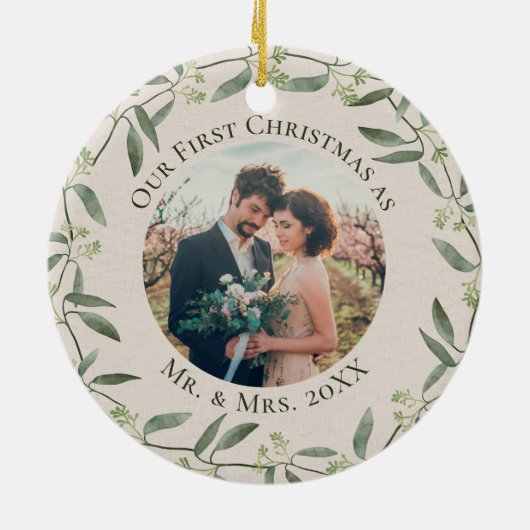 リース素朴初めてのクリスマスMr & Mrs. 2写真 セラミックオーナメント (裏面)