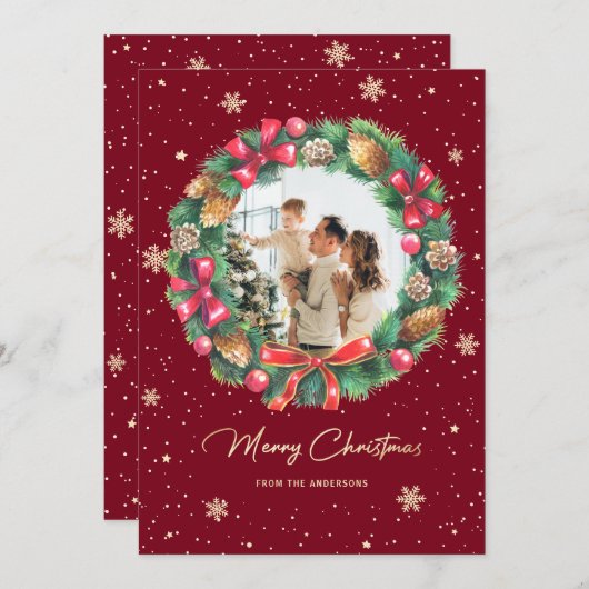 リース雪の金ゴールド赤い写真クリスマス シーズンカード (正面/裏面)