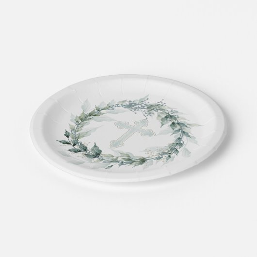 リース&ブルークロスコミュニオンバプテスマ《キリスト教》洗礼式や命名式 ペーパープレート (アングル)