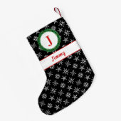 リース モノグラム あなたの名前 ブラック＆ホワイト スノーフレークス スモールクリスマスストッキング (裏面 (吊り時))