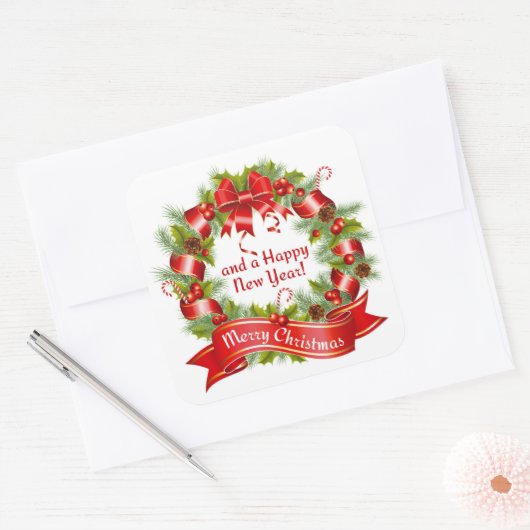 リース：聖降誕祭お目出度う、新年おめでとう。 スクエアシール (封筒)
