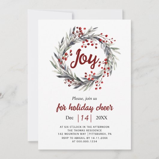 リース、赤い果実と葉ジョイクリスマスパーティー 招待状 (正面)