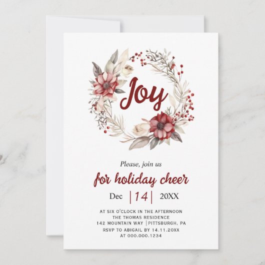 リース，赤い花，果実ジョイクリスマスパーティー 招待状 (正面)