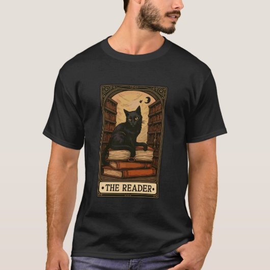 リーダーブラックキャット本読書ハロウィン占い Tシャツ (正面)