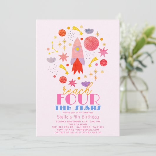 リーチフォーザスターズピンク宇宙ガール誕生日 招待状 (スタンド正面)