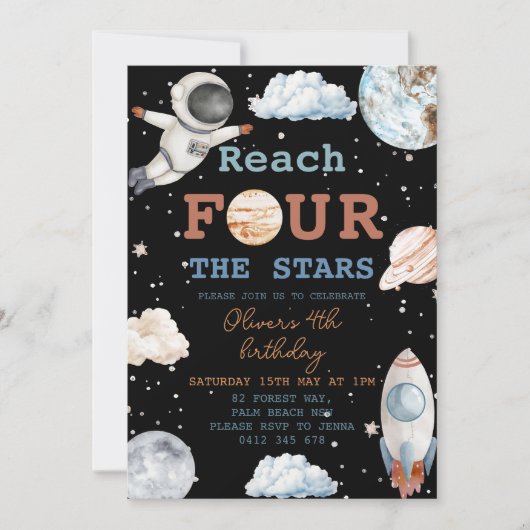 リーチフォーザスターズボーイブラック宇宙4歳の誕生日 招待状 (正面)