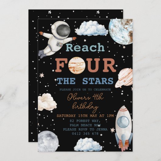 リーチフォーザスターズボーイブラック宇宙4歳の誕生日 招待状 (正面/裏面)