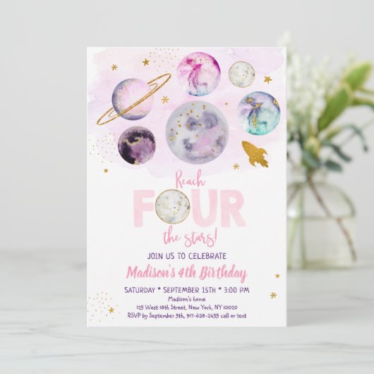 リーチフォーザスターズ銀河系ピンク金ゴールド誕生日 招待状 (スタンド正面)