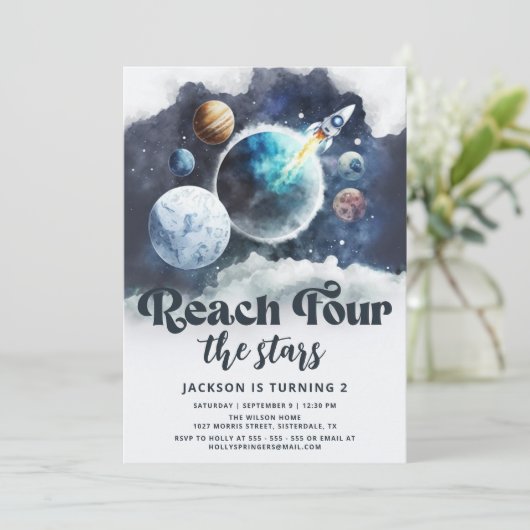 リーチフォーザスターズ銀河系モダン4歳の誕生日 招待状 (スタンド正面)