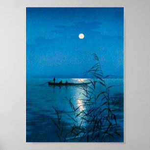 リード湖と満月、高峰正田、木版画 ポスター