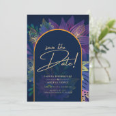 リーハジー ネイビー パープル ゴールド ジュエル トーン 結婚式 招待状 (スタンド正面)