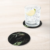 リービボタニカルユーカリモダンブラックブランチ ラウンドペーパーコースター (インサイチュ)