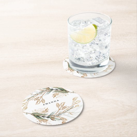 リーピーボタニカルユーカリグリモダンネリーブランチ ラウンドペーパーコースター (インサイチュ)