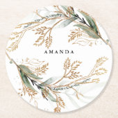 リーピーボタニカルユーカリグリモダンネリーブランチ ラウンドペーパーコースター (正面)