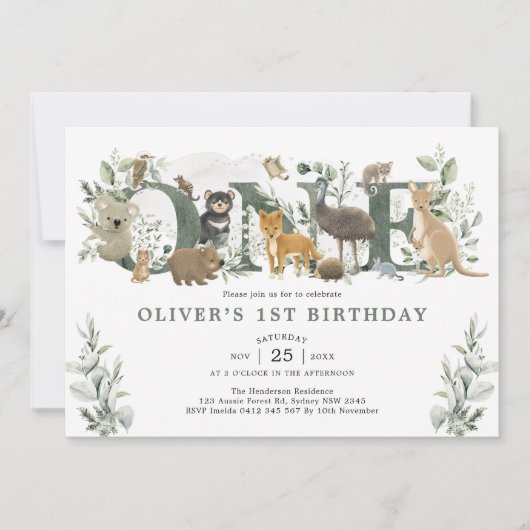 リーピーユーカリプトゥスオーストラリア動物第1誕生日 招待状 (正面)