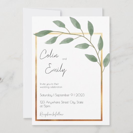 リーフとブロンズ縁ど、ミニマ結婚リスト 招待状 (正面)