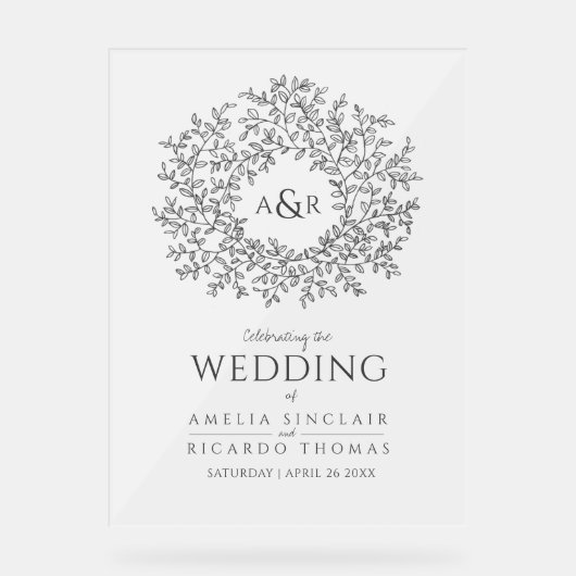 リーフの円の線結婚のアートの濃い灰色と白 アクリルサイン (正面)