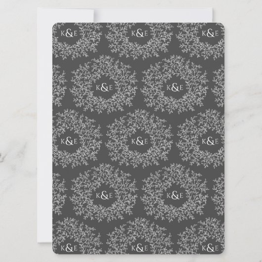 リーフの円の線結婚のアートの濃い灰色と白 招待状 (裏面)