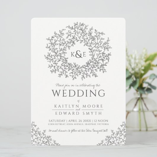 リーフの円の線結婚のアートの濃い灰色と白 招待状 (スタンド正面)