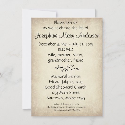 リーフィつる植物デザイン葬儀記念発表 招待状 (裏面)