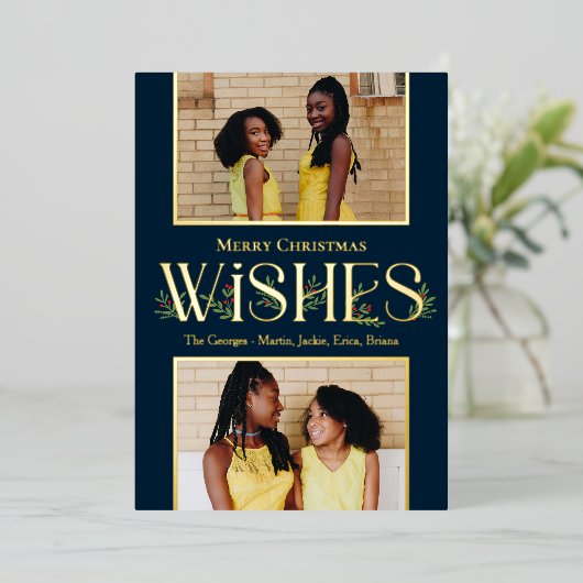 リーフィウィッシュフォイルホリデーカード編集可能カラー 箔招待状 (立ち正面)