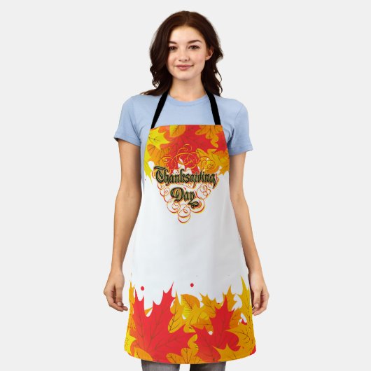 リーフィタイポグラフィ感謝祭の日言葉 エプロン (着用した状態)