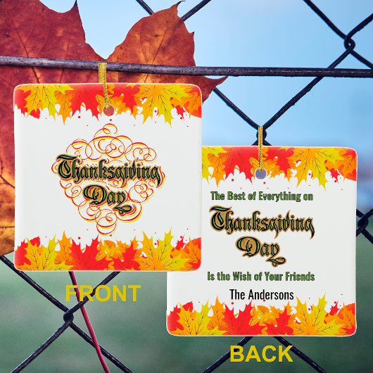 リーフィタイポグラフィ感謝祭の日言葉 セラミックオーナメント