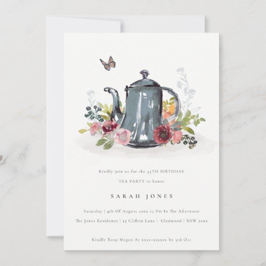 リーフィバラフローラティーポットエイジ誕生日招待状 サンキューカード (正面)