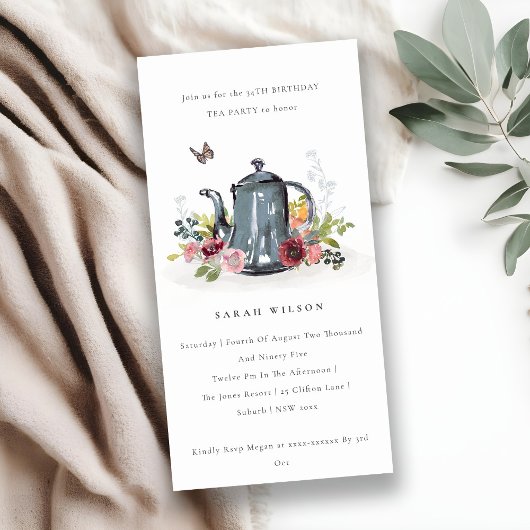 リーフィバラフローラティーポットエイジ誕生日招待状 サンキューカード