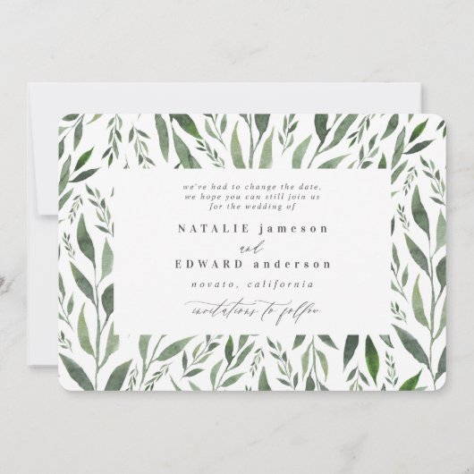 リーフィーな水彩花柄の 日程変更 セーブザデート (裏面)