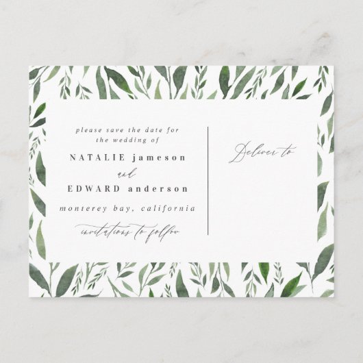 リーフィーな水彩花柄のSave the Date 案内ポストカード (裏面)