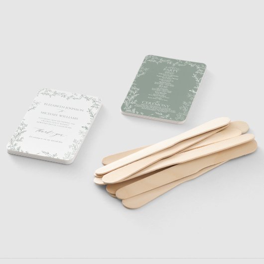 リーフィージセージグリーンモノグラムエレガント結婚式 プログラム ハンドファン (組立なし)
