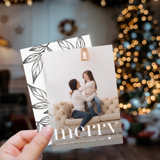 リーフィー白黒プリントメリークリスマスフォト 招待状