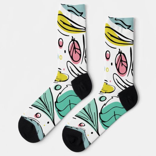 リーフインクアートパターンlモダンカラフル白 ソックス (左)