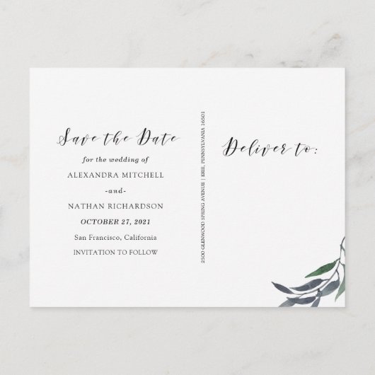 リーフウォーターカラー | 写真付きでおめでたい日を保存 案内ポストカード (裏面)